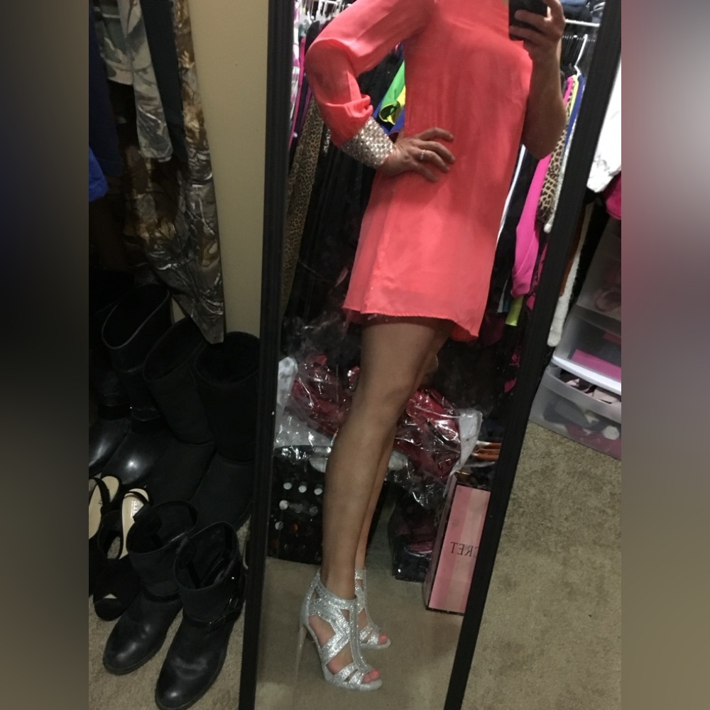Coral One Shoulder Dress with Silver Sequin Cuff Party Dress
